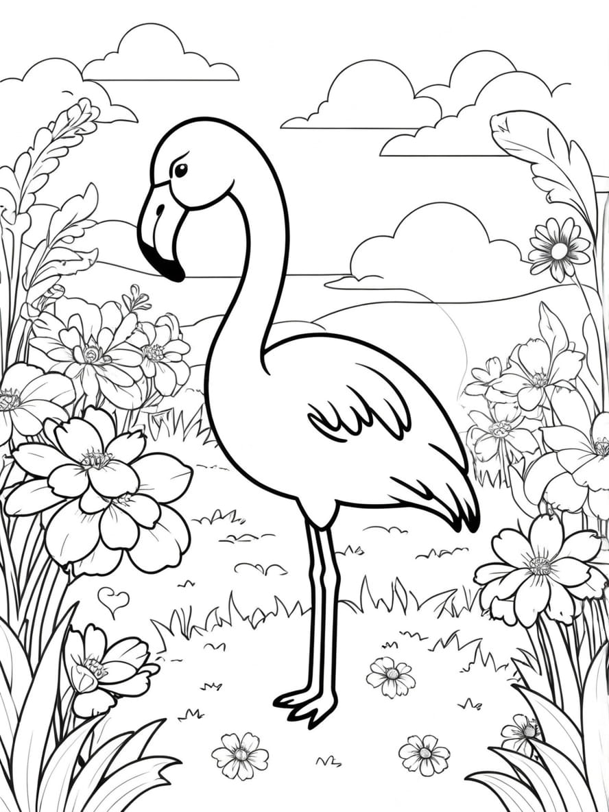 Flamingo Grass Flowers Coloring Pages