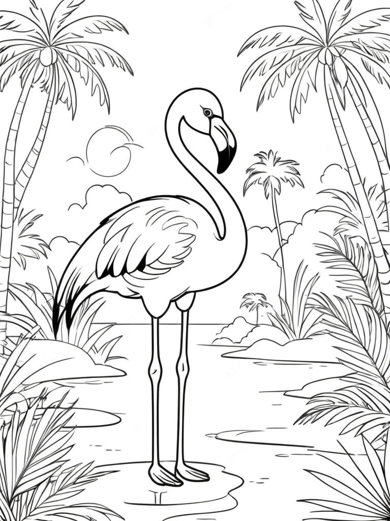 Flamingo One Leg Palm Trees Coloring Pages