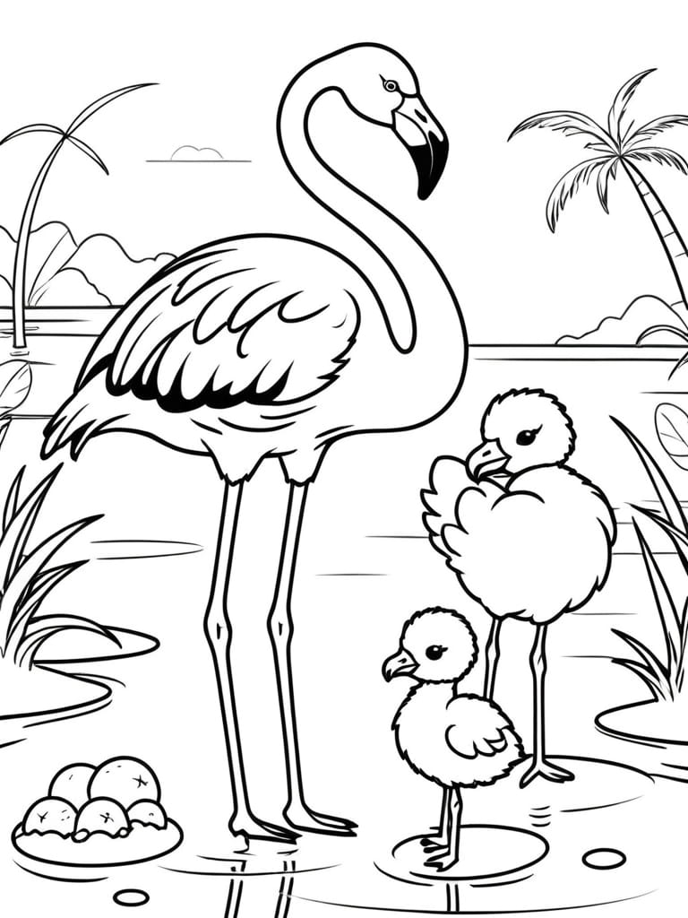 Flamingo Parent Chick Coloring Pages