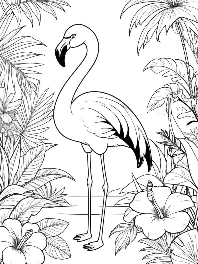 Flamingo Tropical Foliage Coloring Pages