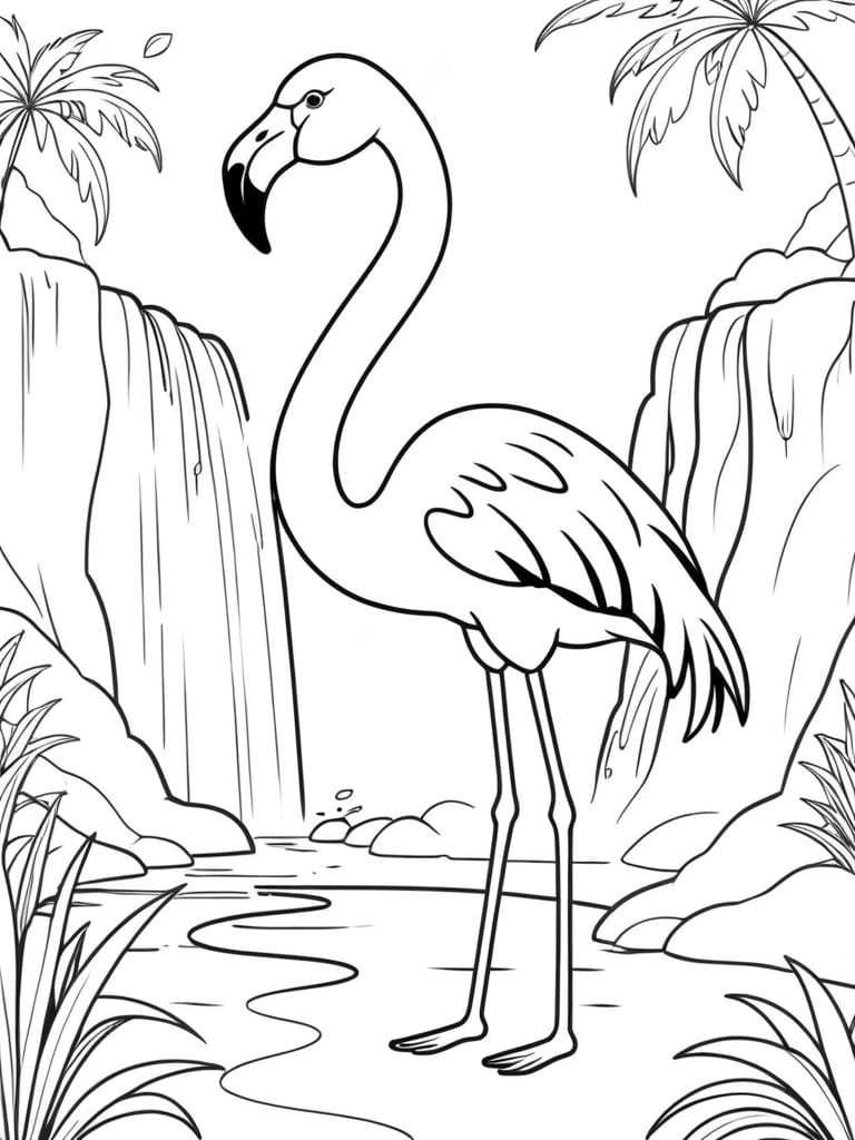 Flamingo Tropical Waterfall Coloring Pages