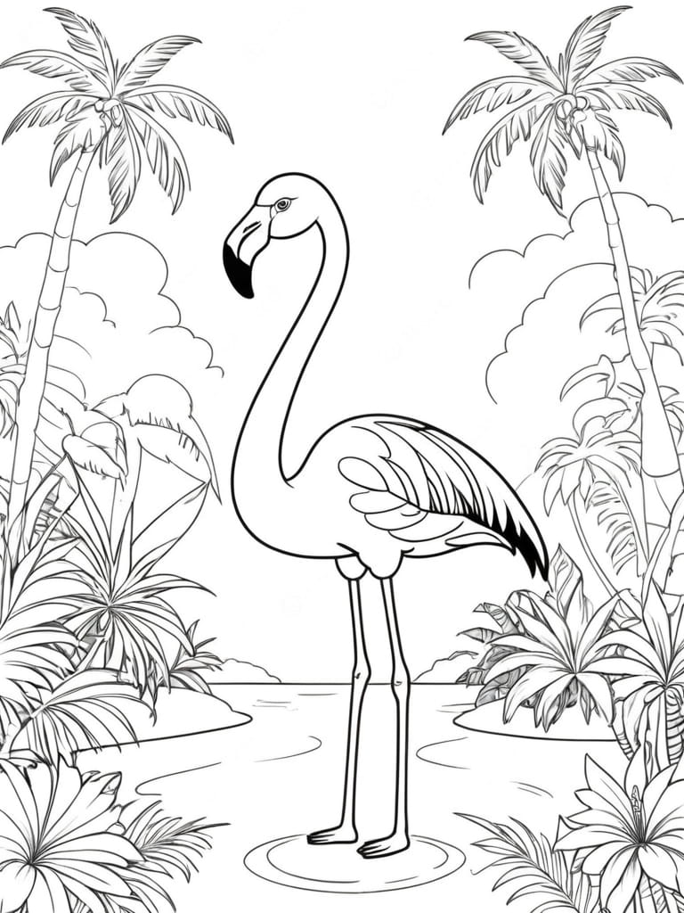 Flamingo Water Palm Trees Coloring Pages