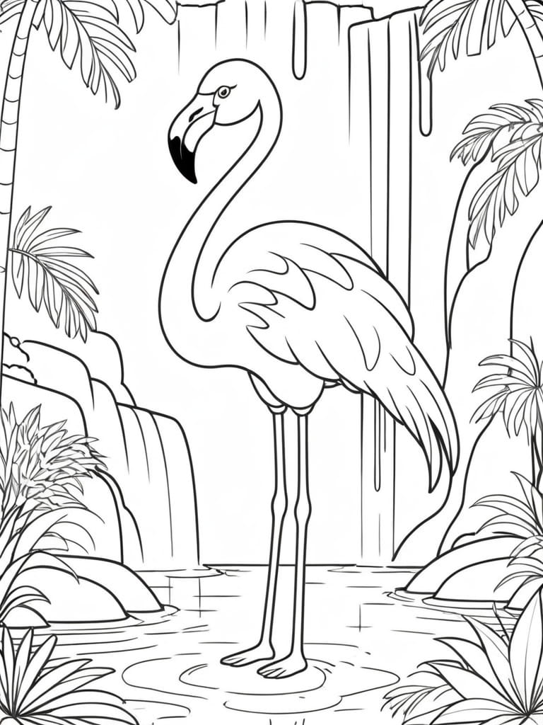 Flamingo Waterfall Palmtrees Coloring Pages