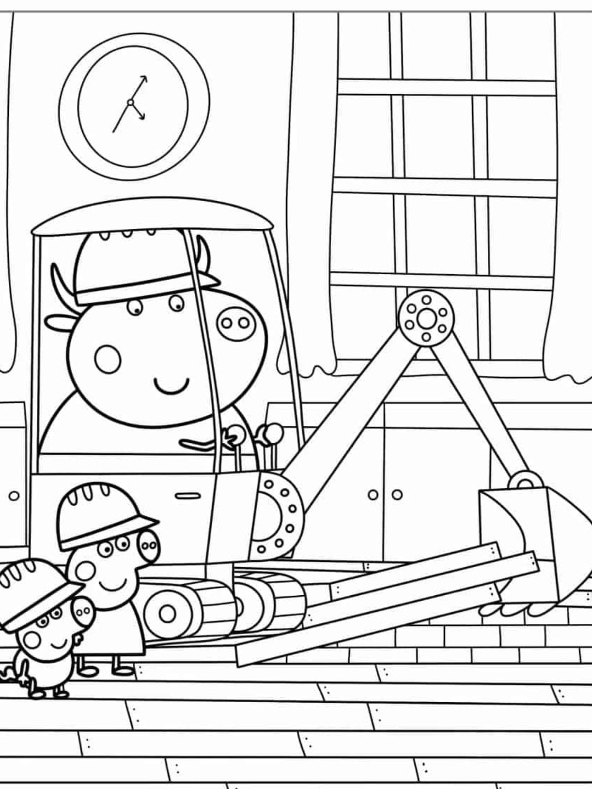 Mrbull In Digger Being Helped By Peppa And George Coloring Pages