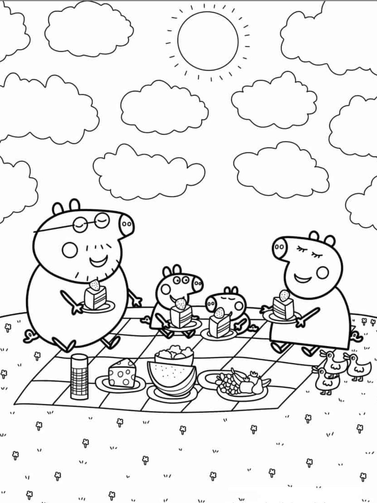 Peppa Pig Family Having A Picnic Coloring Page