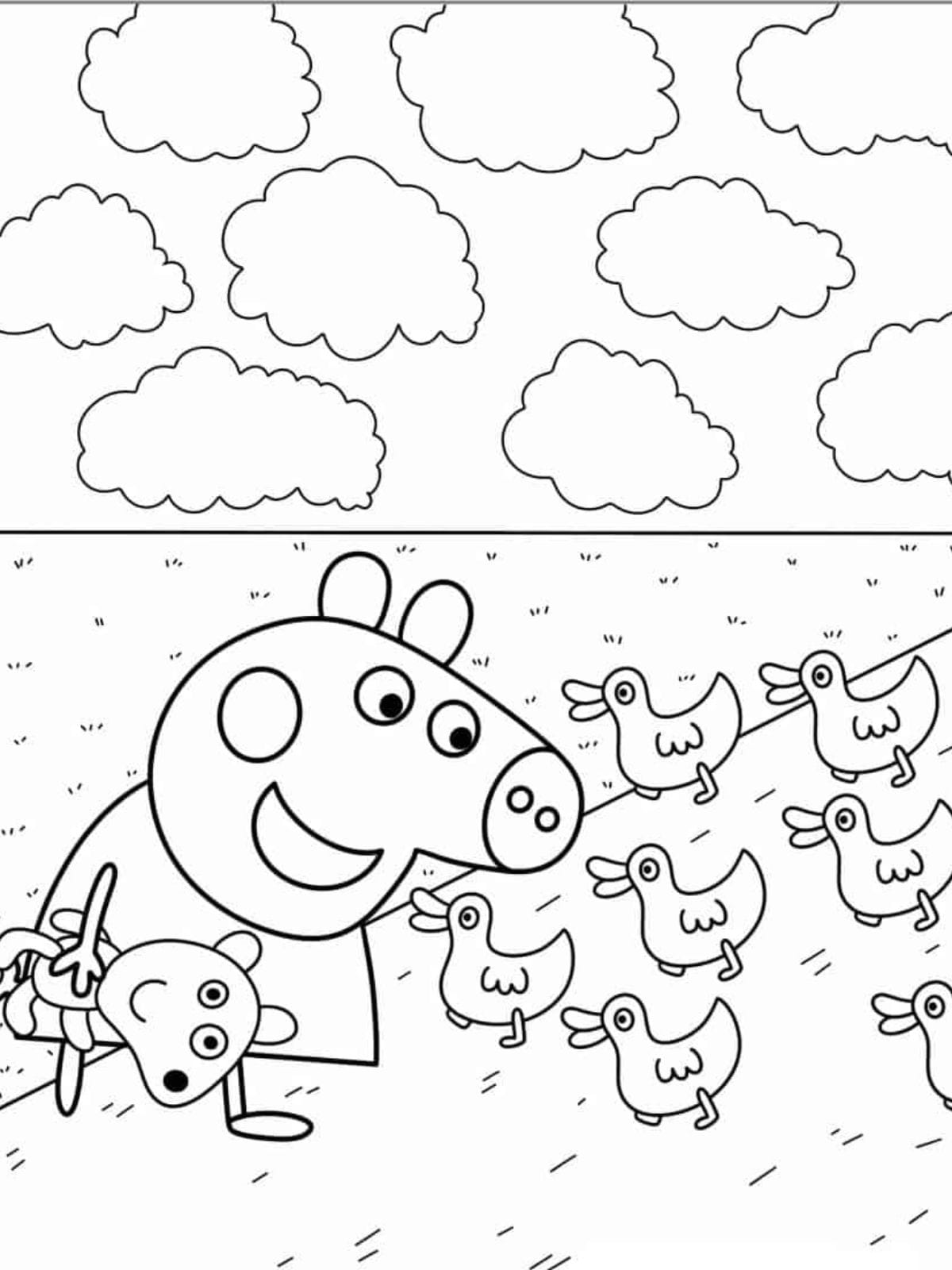 Peppa Pig Helping Baby Ducklings Coloring Pages