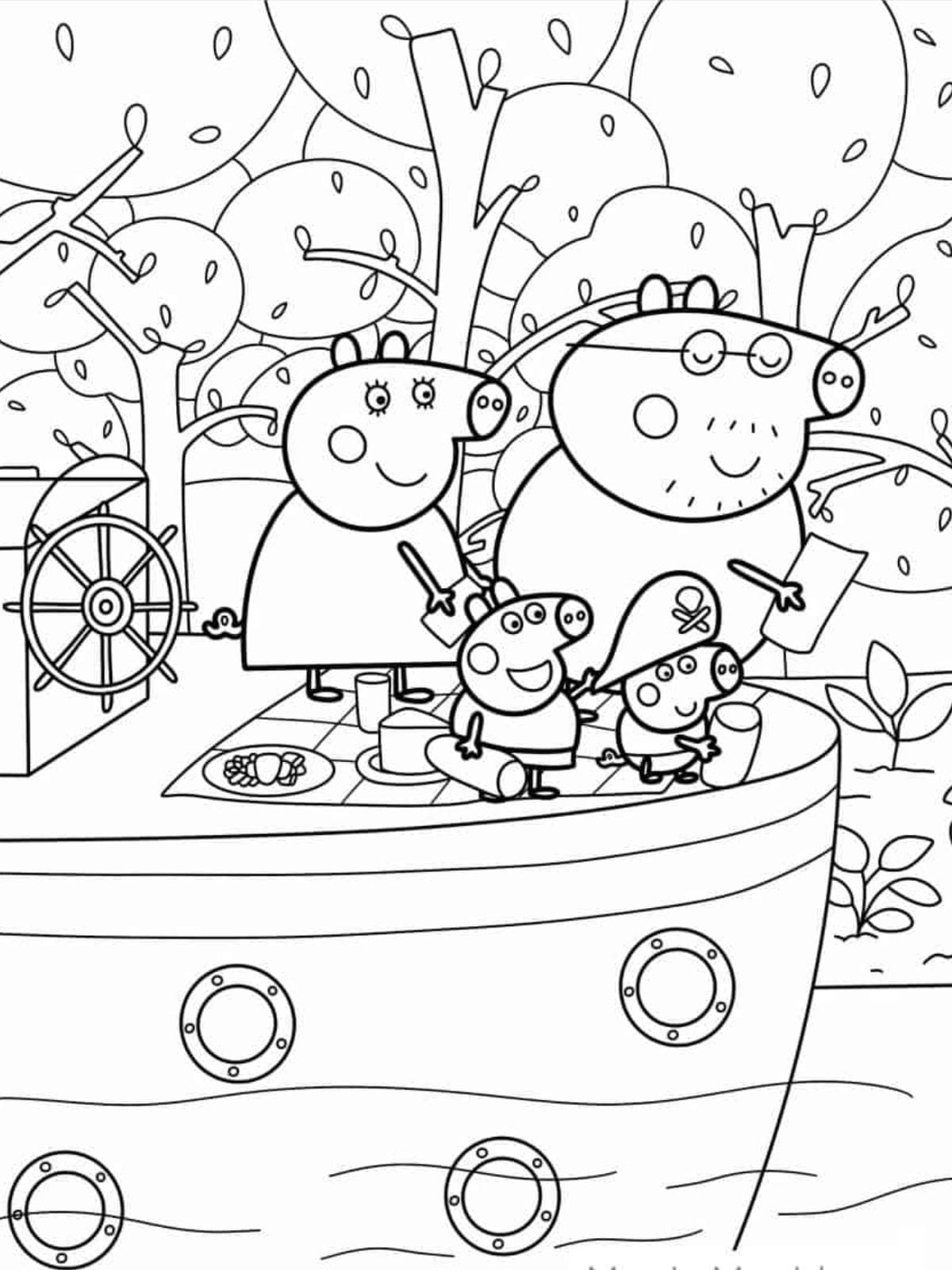 Peppa Pig Family On River Boat Coloring Pages