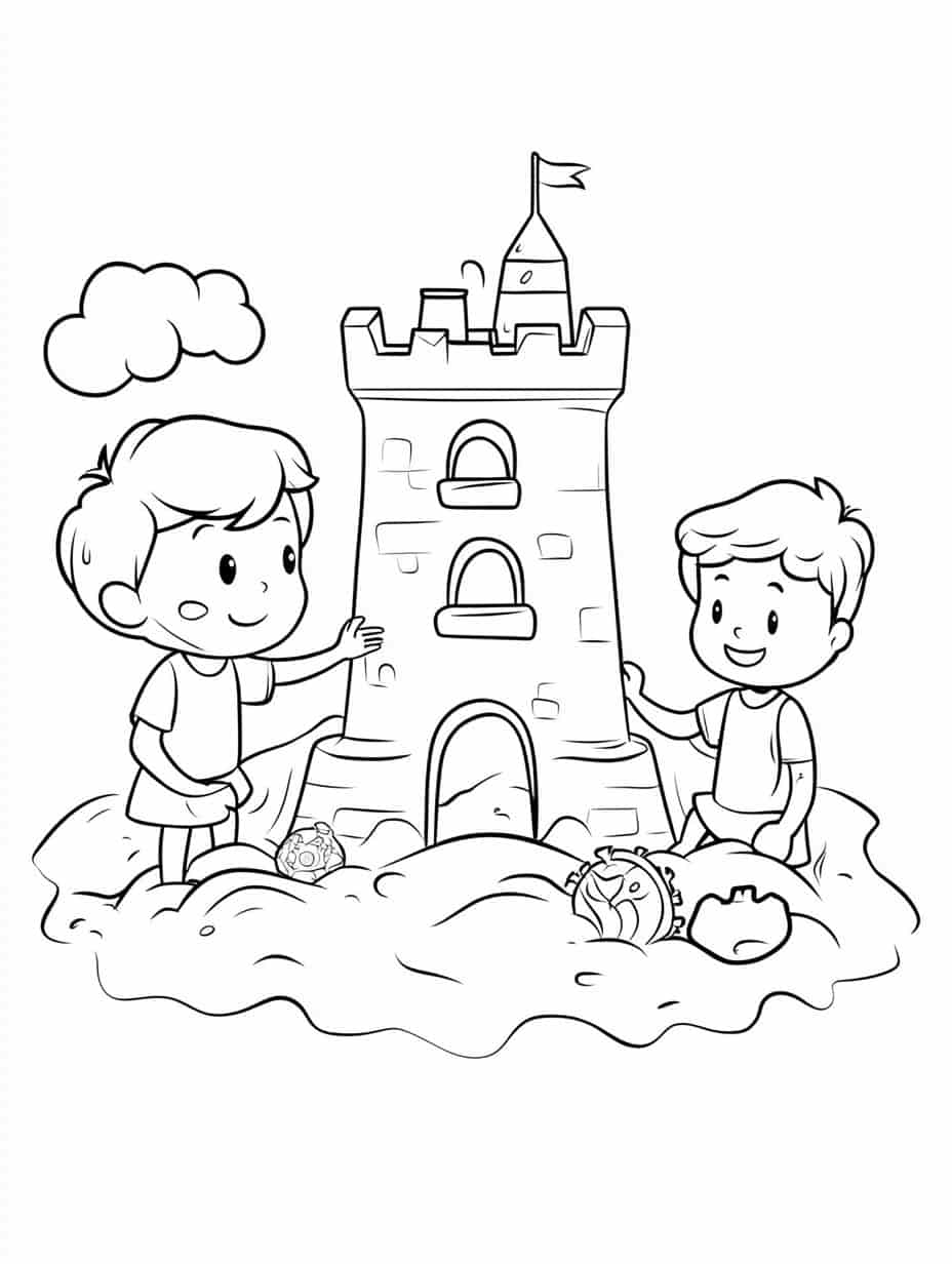 Winter Boys Building Snow Castle Coloring Pages