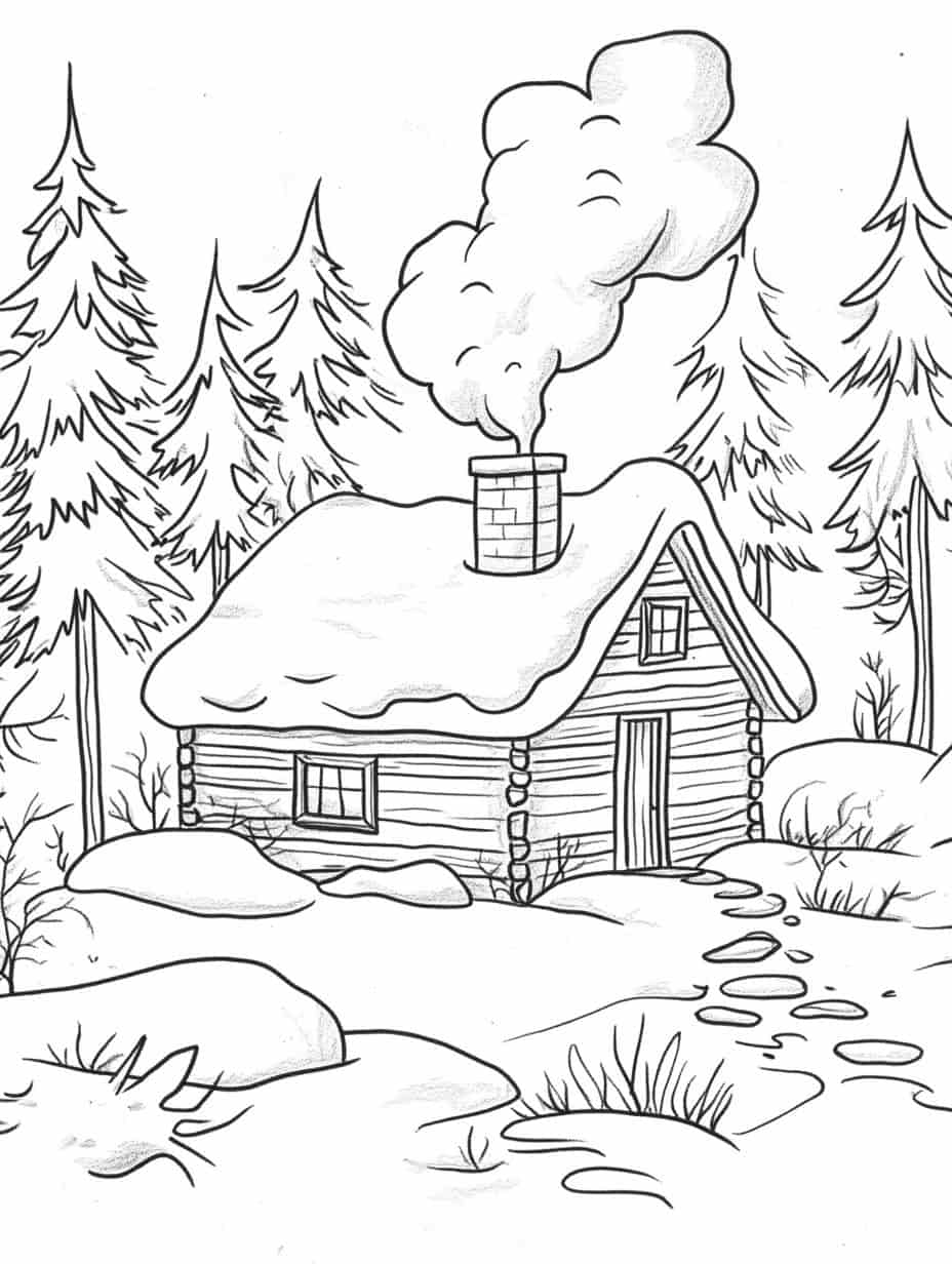 Winter Cabin Forest Coloring Pages