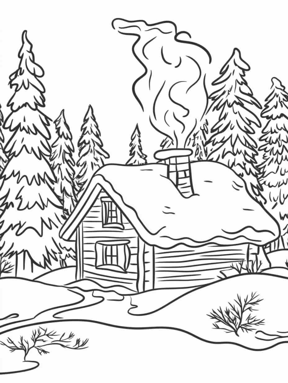 Winter Cabin Snowy Forest Coloring Pages