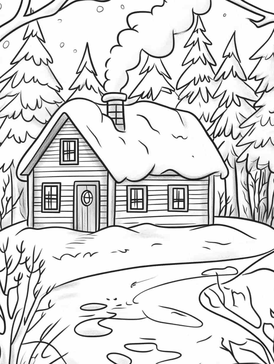 Winter Cozy House Coloring Pages