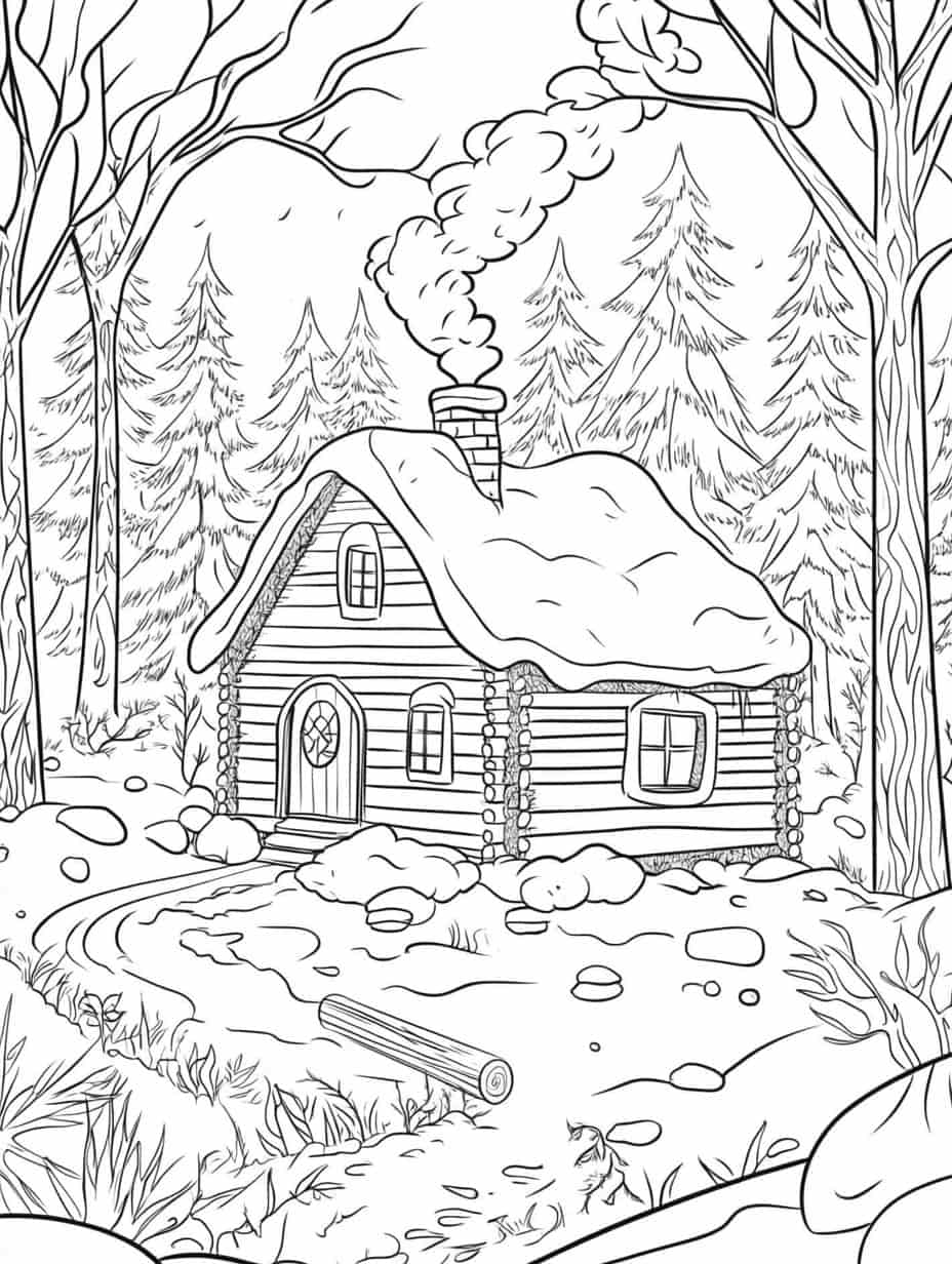 Winter Log Cabin Coloring Pages