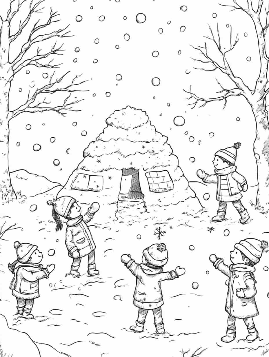 Winter Children Playing In Snow Coloring Pages