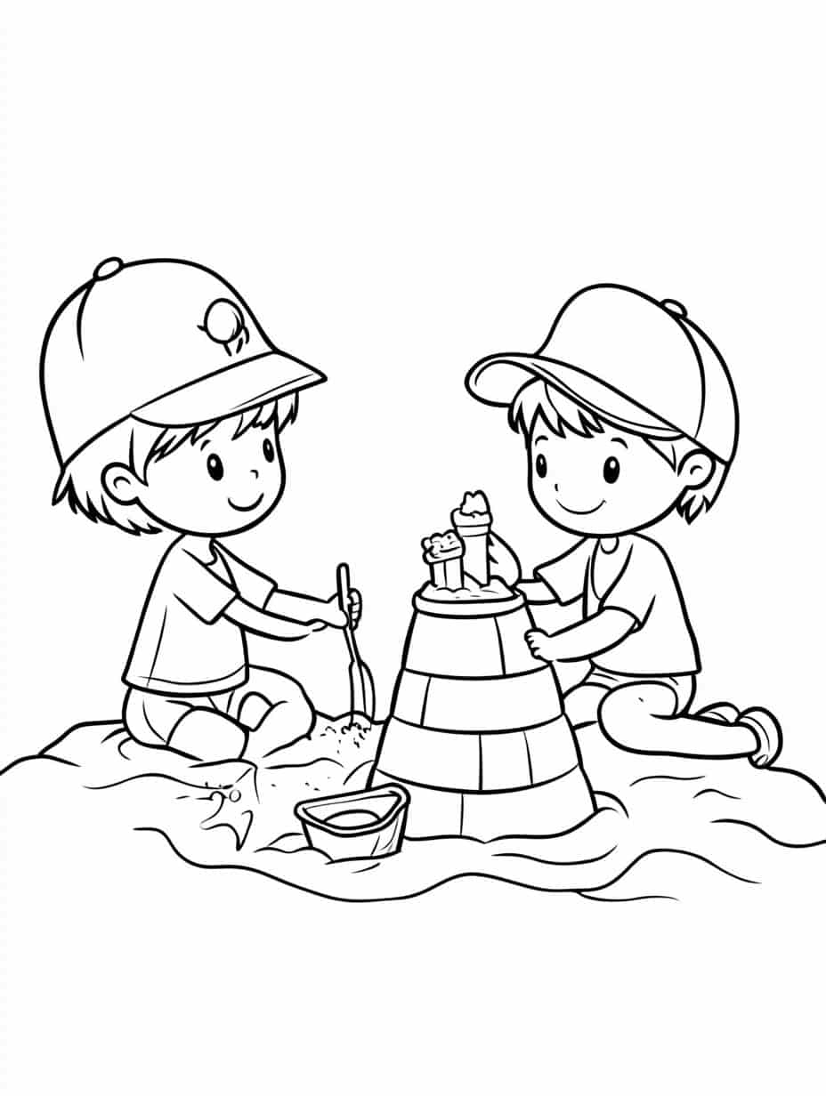 Winter Kids Building Sandcastle Coloring Pages