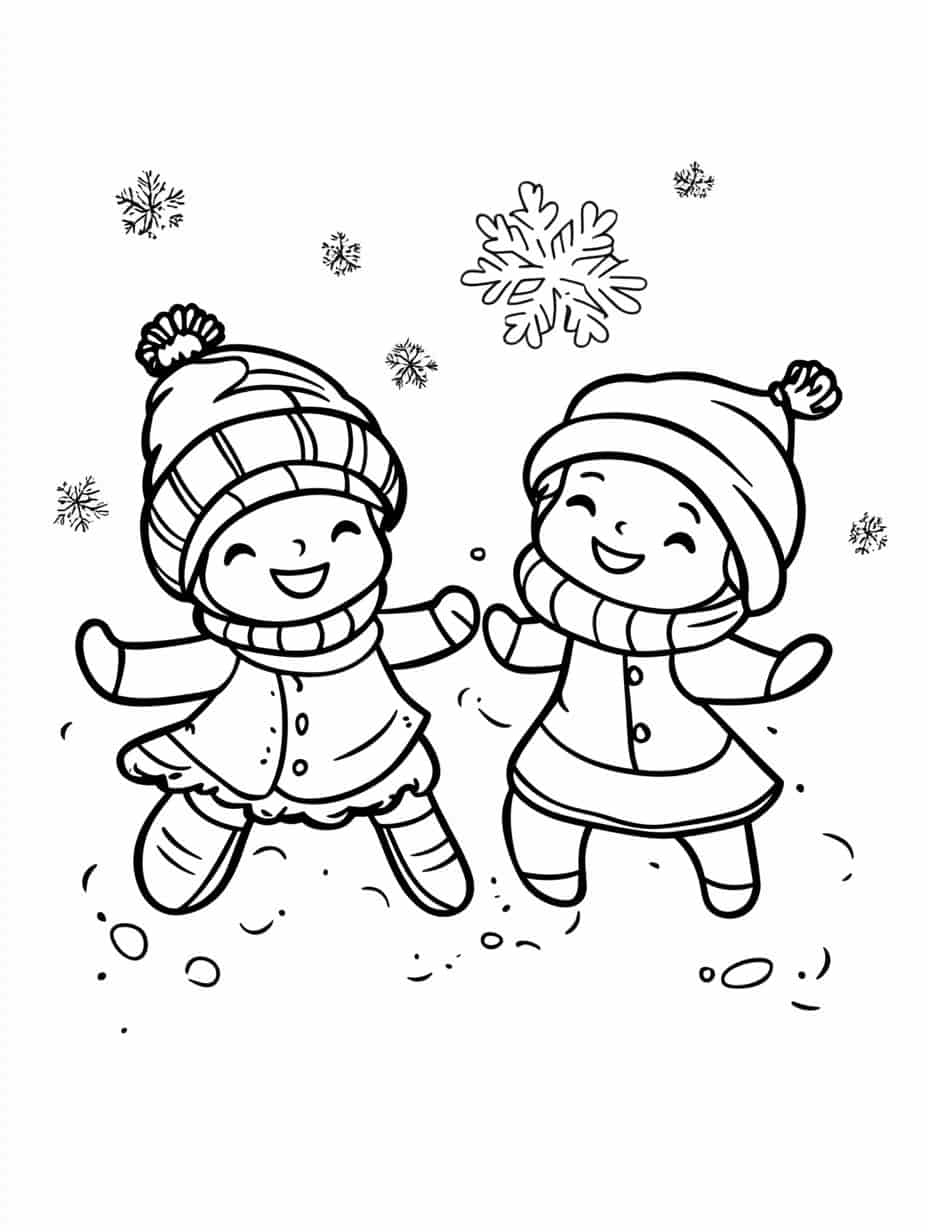 Winter Kids Playing Coloring Pages