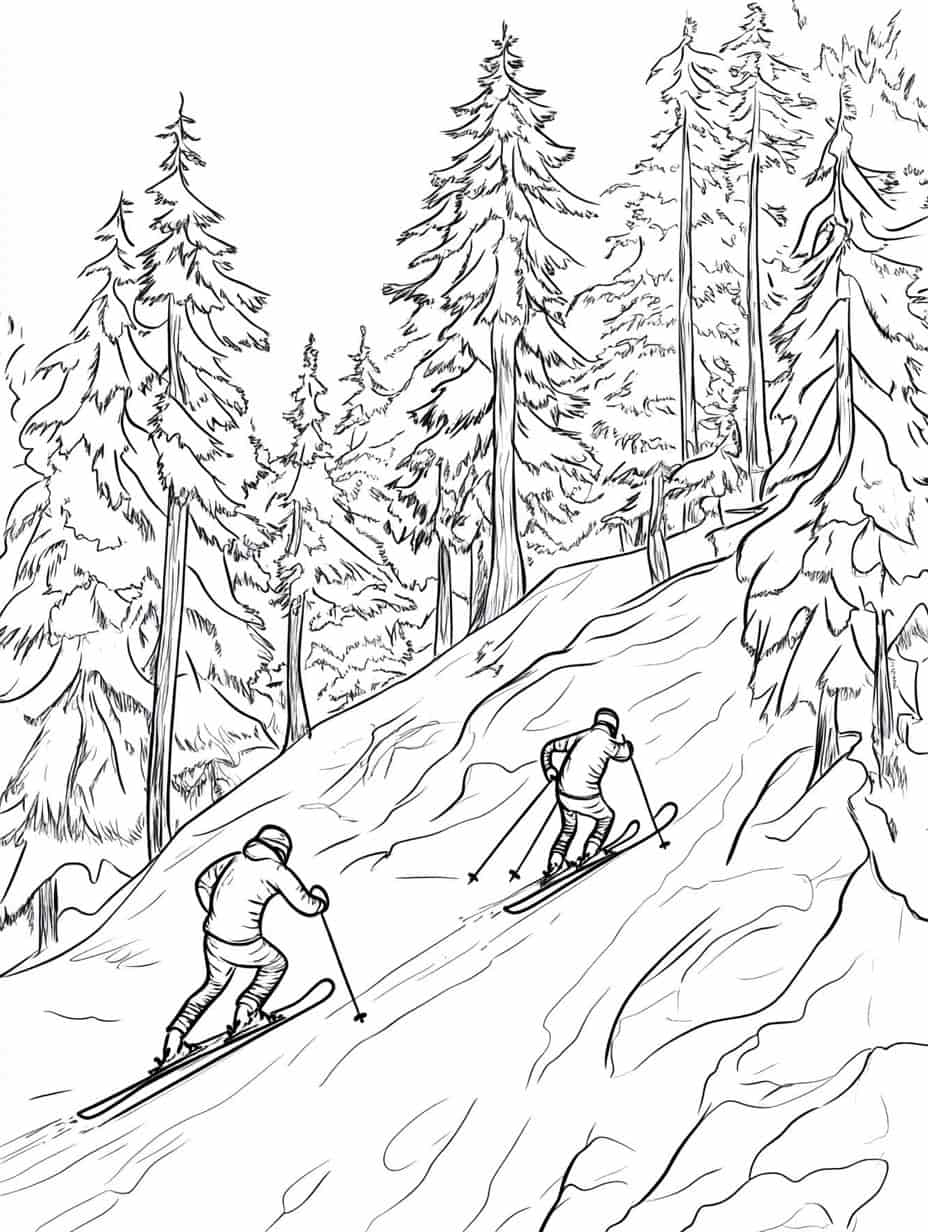 Winter Skiers In Forest Coloring Pages