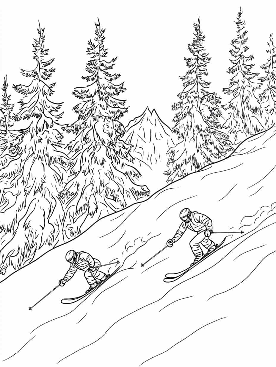 Winter Skiers In Mountains Coloring Pages