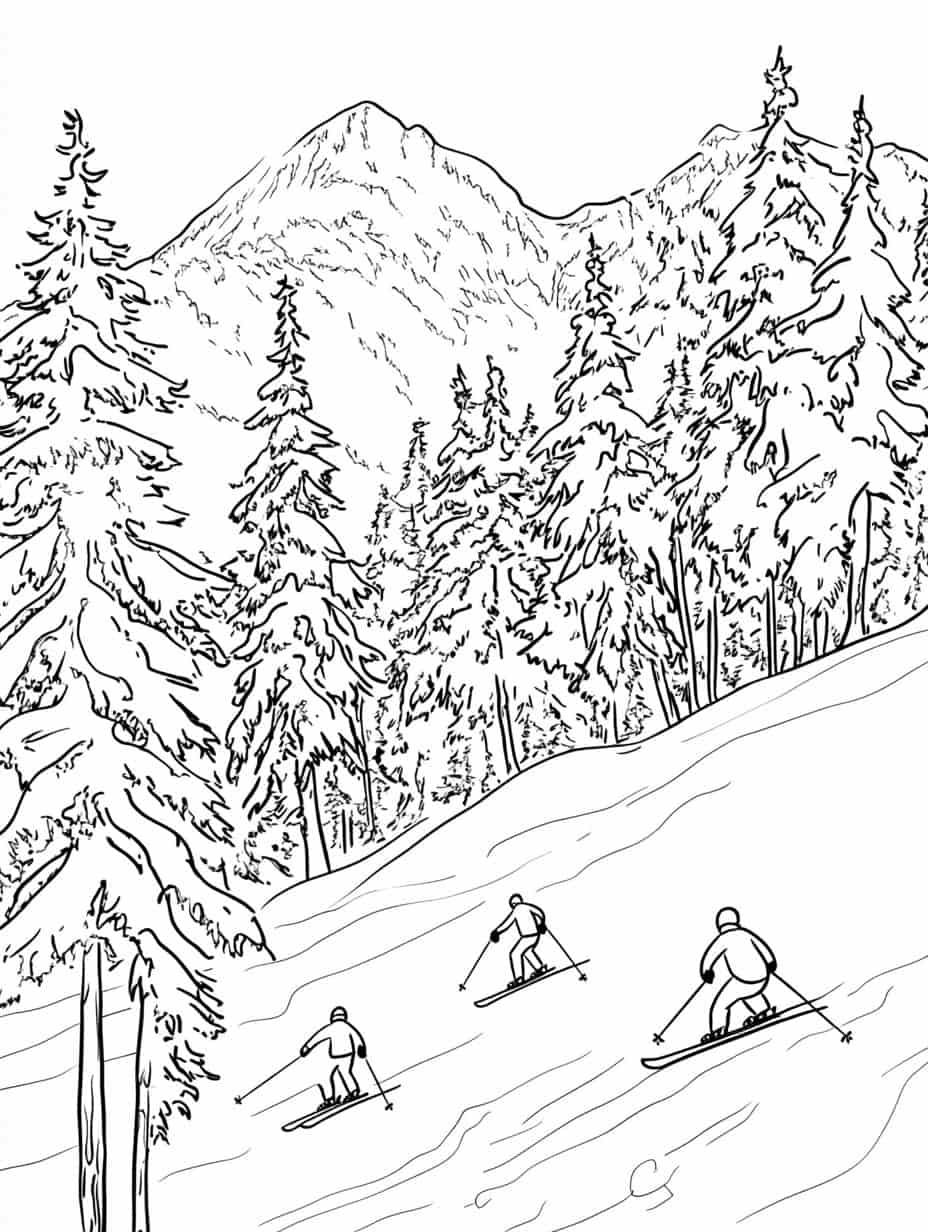 Winter Skiers On Mountain Slope Coloring Pages