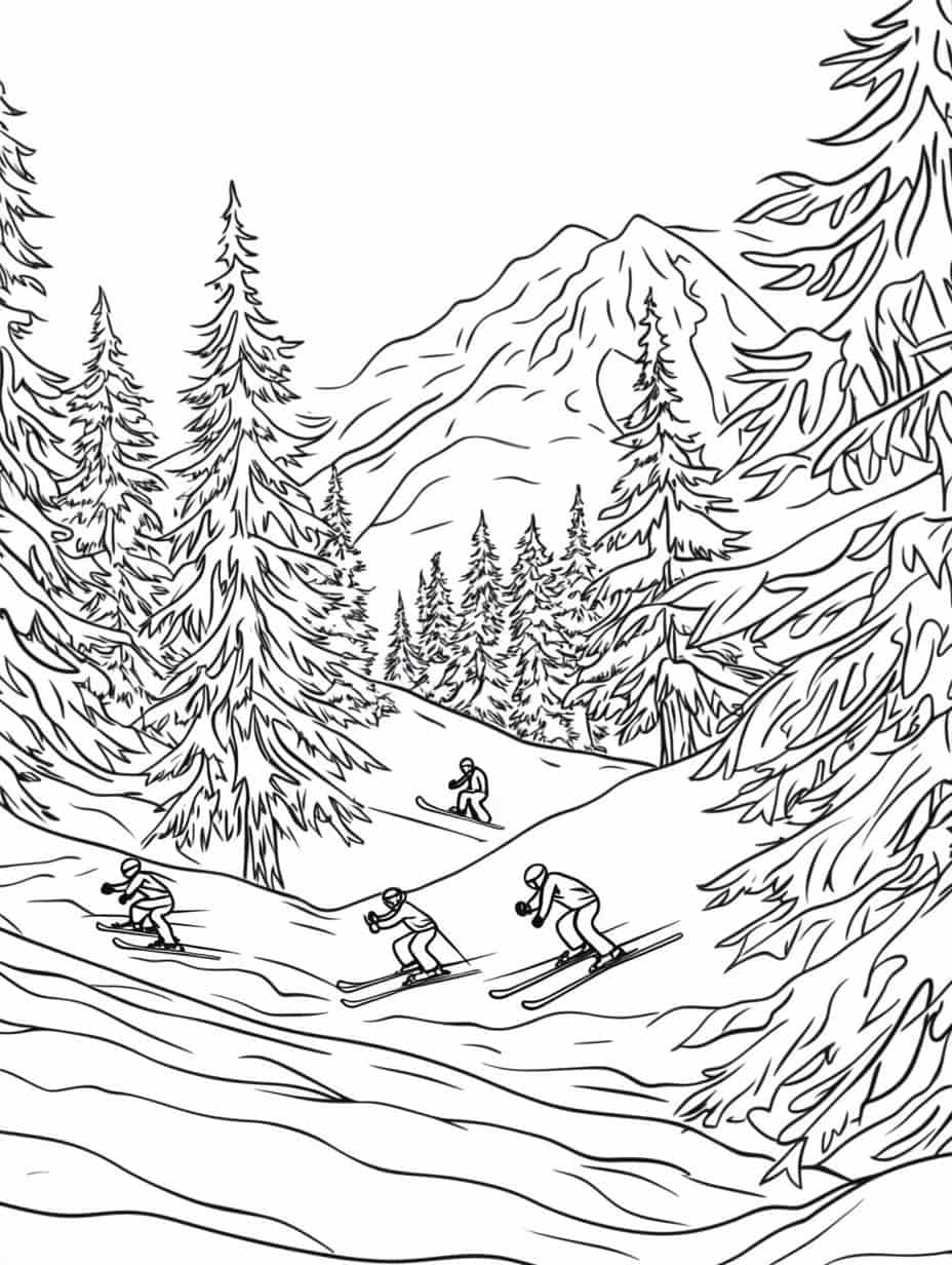 Winter Skiers On Mountain Trail Coloring Pages