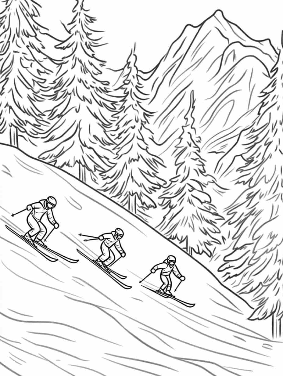 Winter Skiers On Slope Coloring Pages