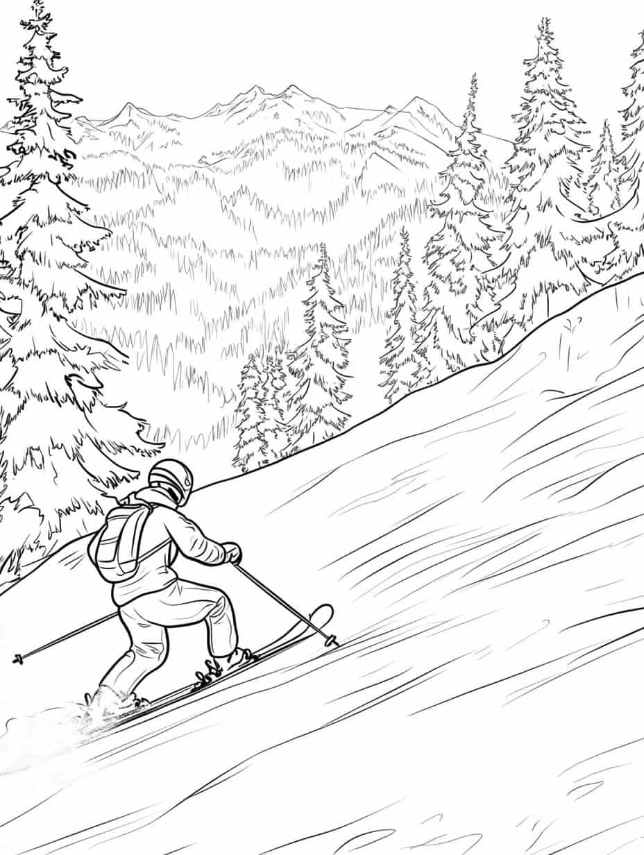 Winter Skiing Downhill Coloring Pages