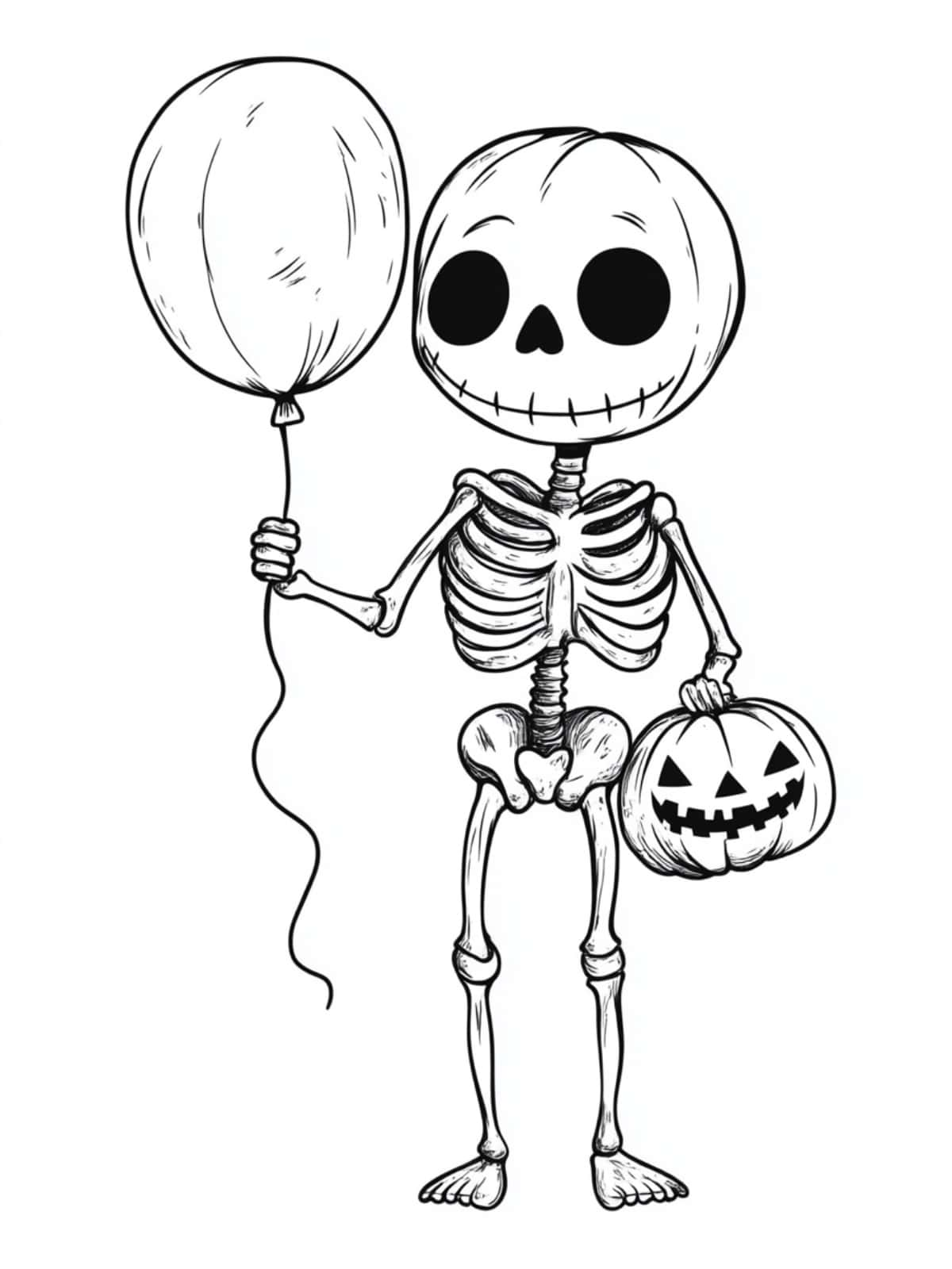 A Cute Skeleton Holding A Baloon And Pumpkin Coloring Pages