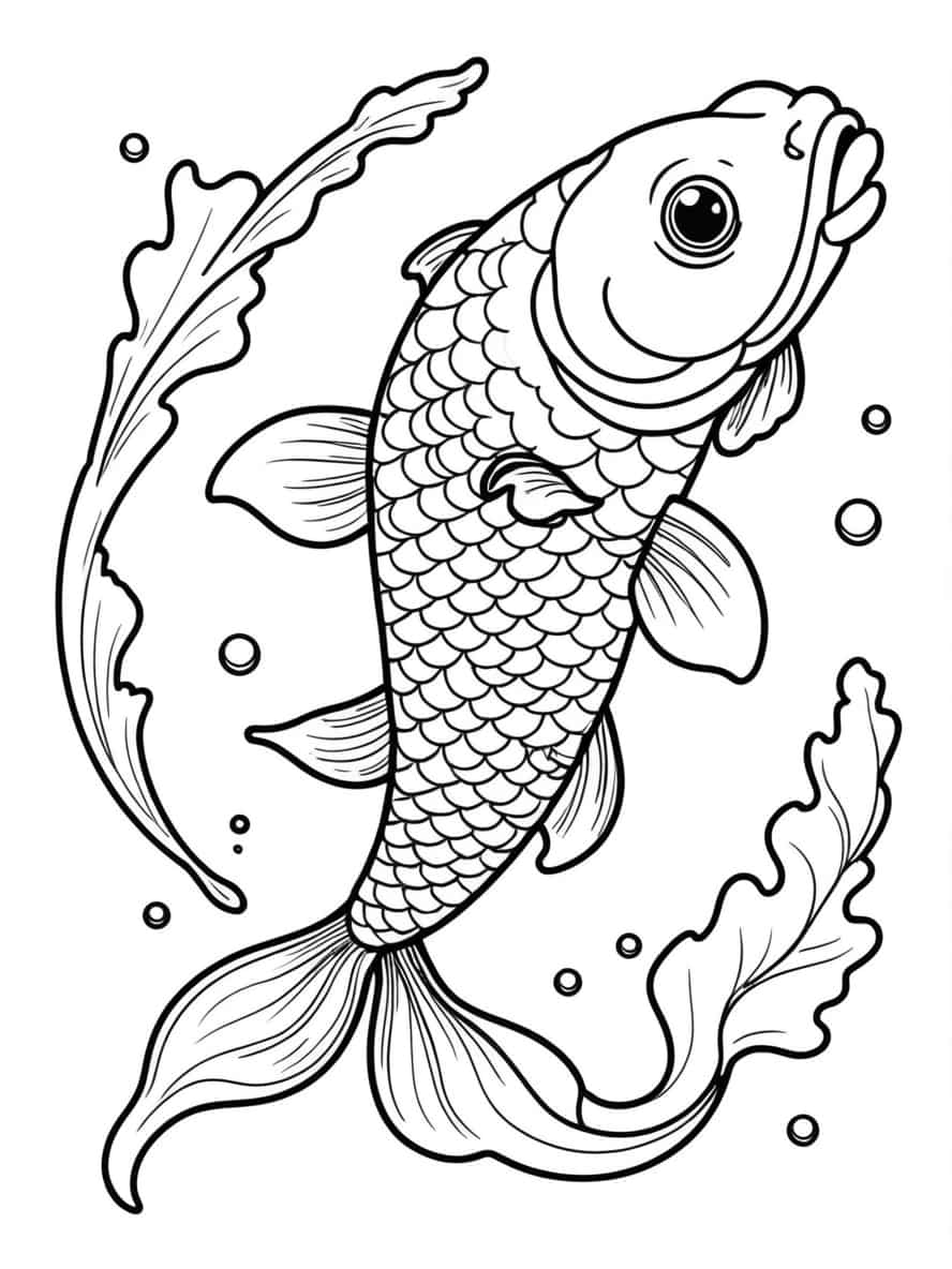 A Majestic Koi Fish Swimming In A Pond Coloring Pages