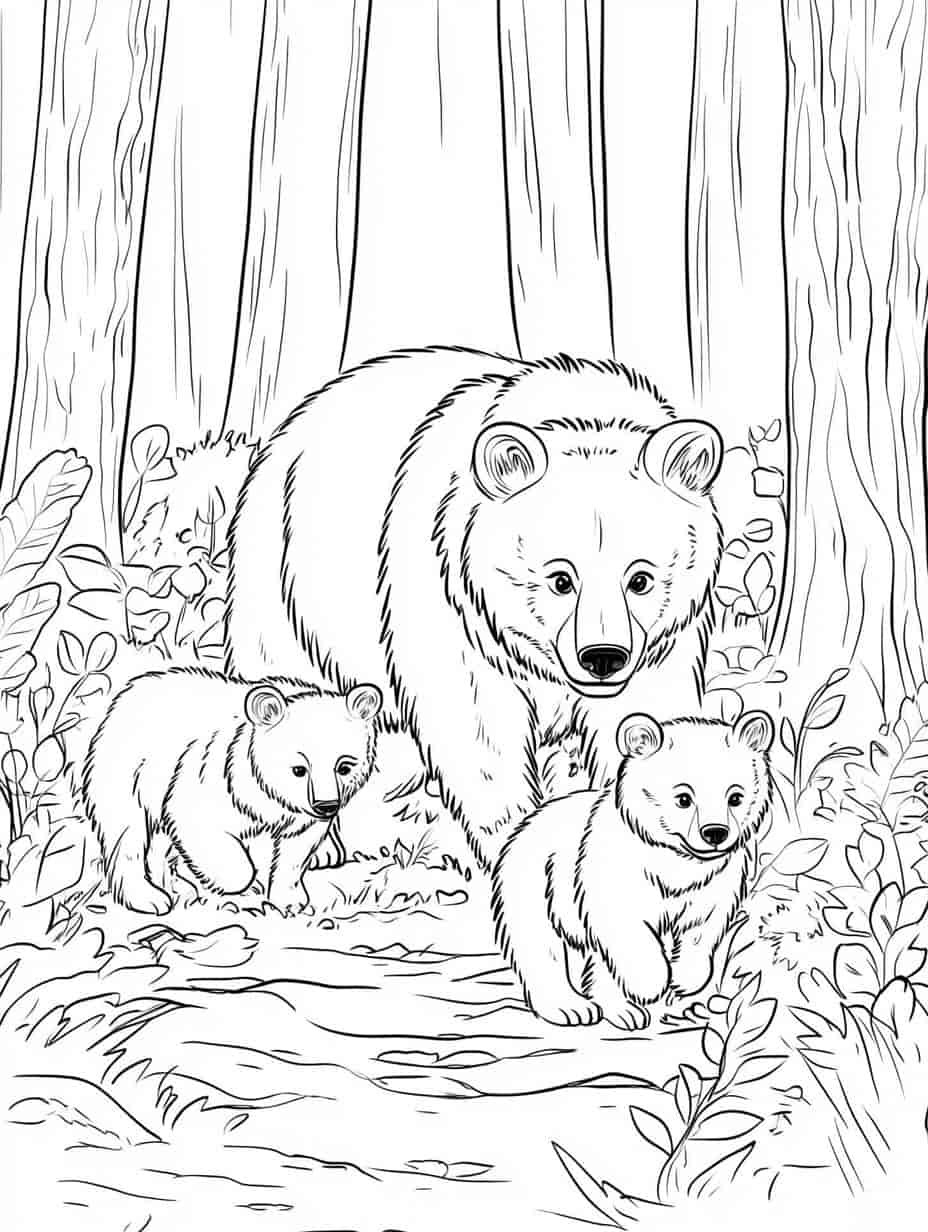 A Mother Bear And Her Cubs Walking Through The Forest Coloring Pages