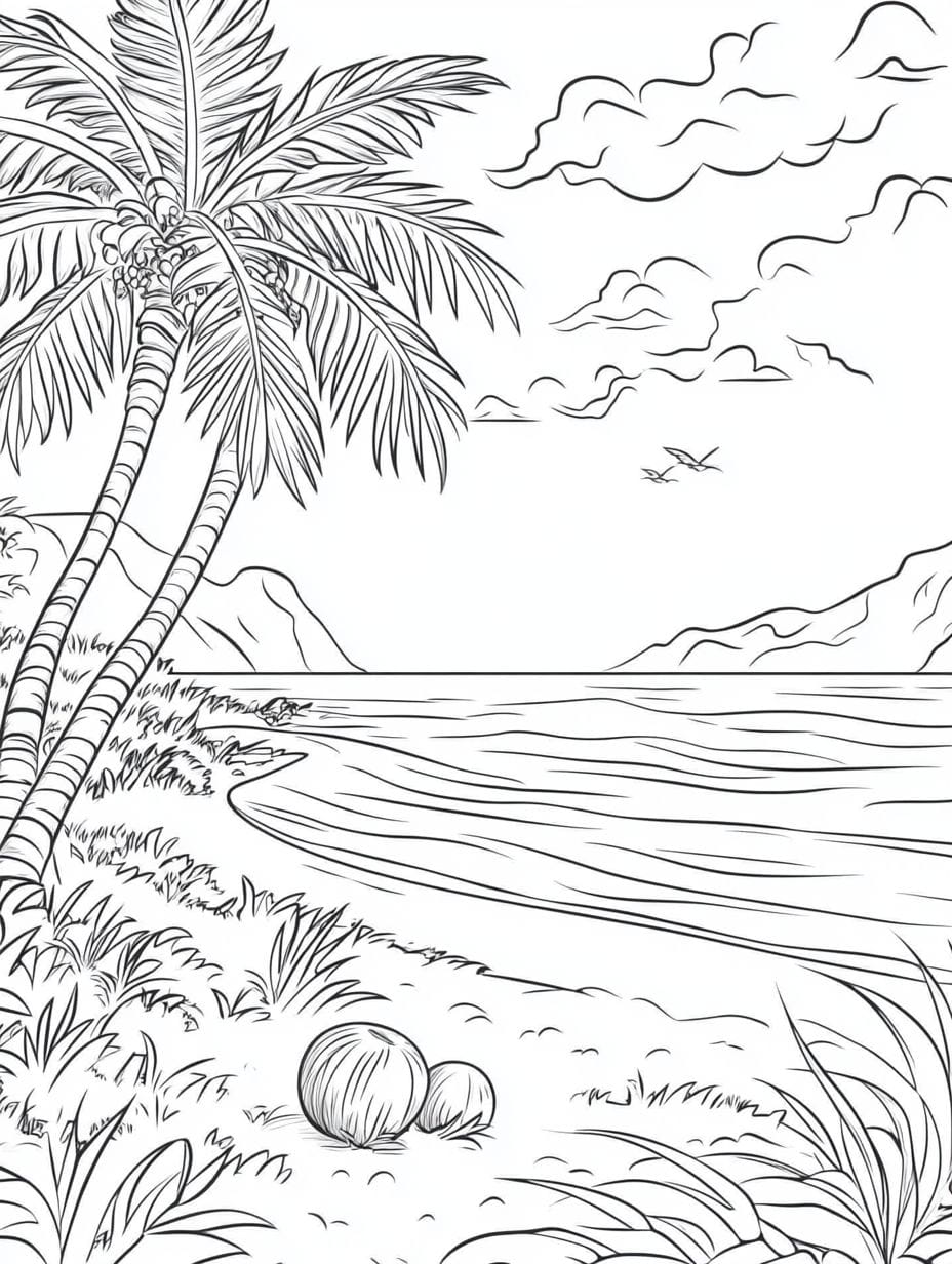 A Peaceful Beach With Palm Tree Coloring Pages For Kids