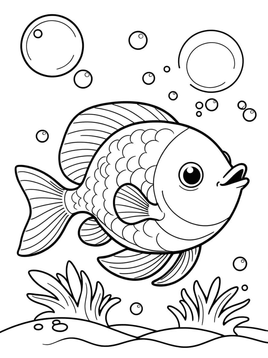 A Playful Fish Blowing Bubbles Coloring Pages