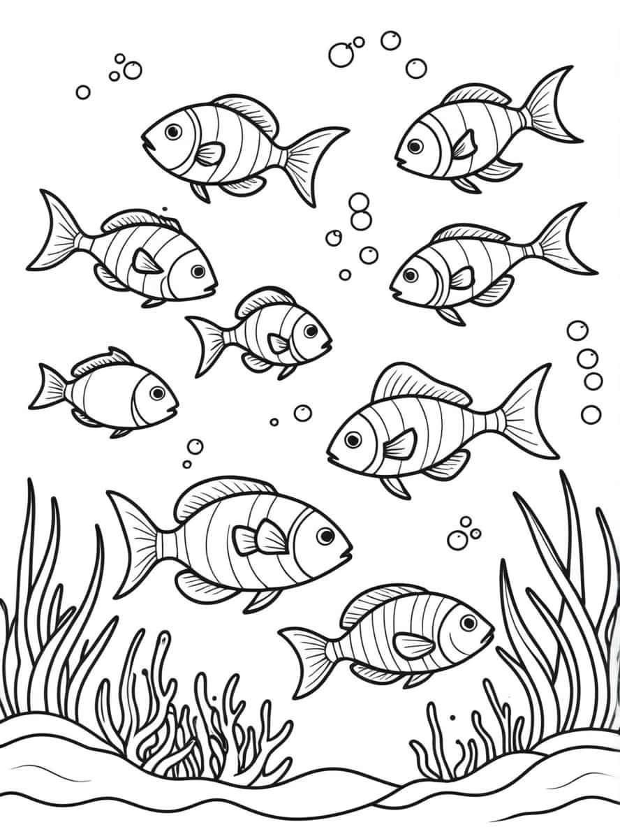 A School Of Fish Swimming In The Ocean Turtle Coloring Pages