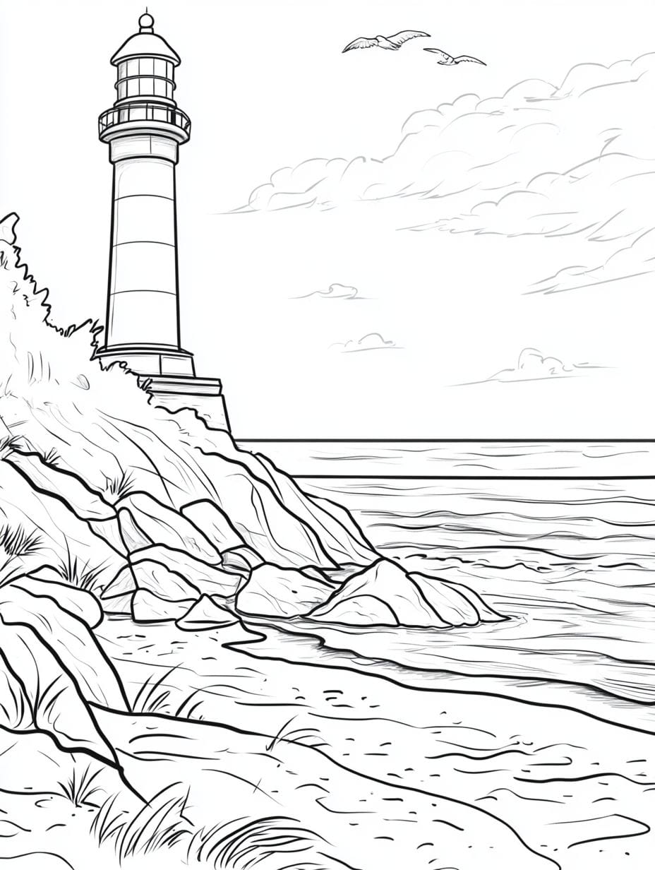 A Tall Lighthouse Standing On The Beach Coloring Pages