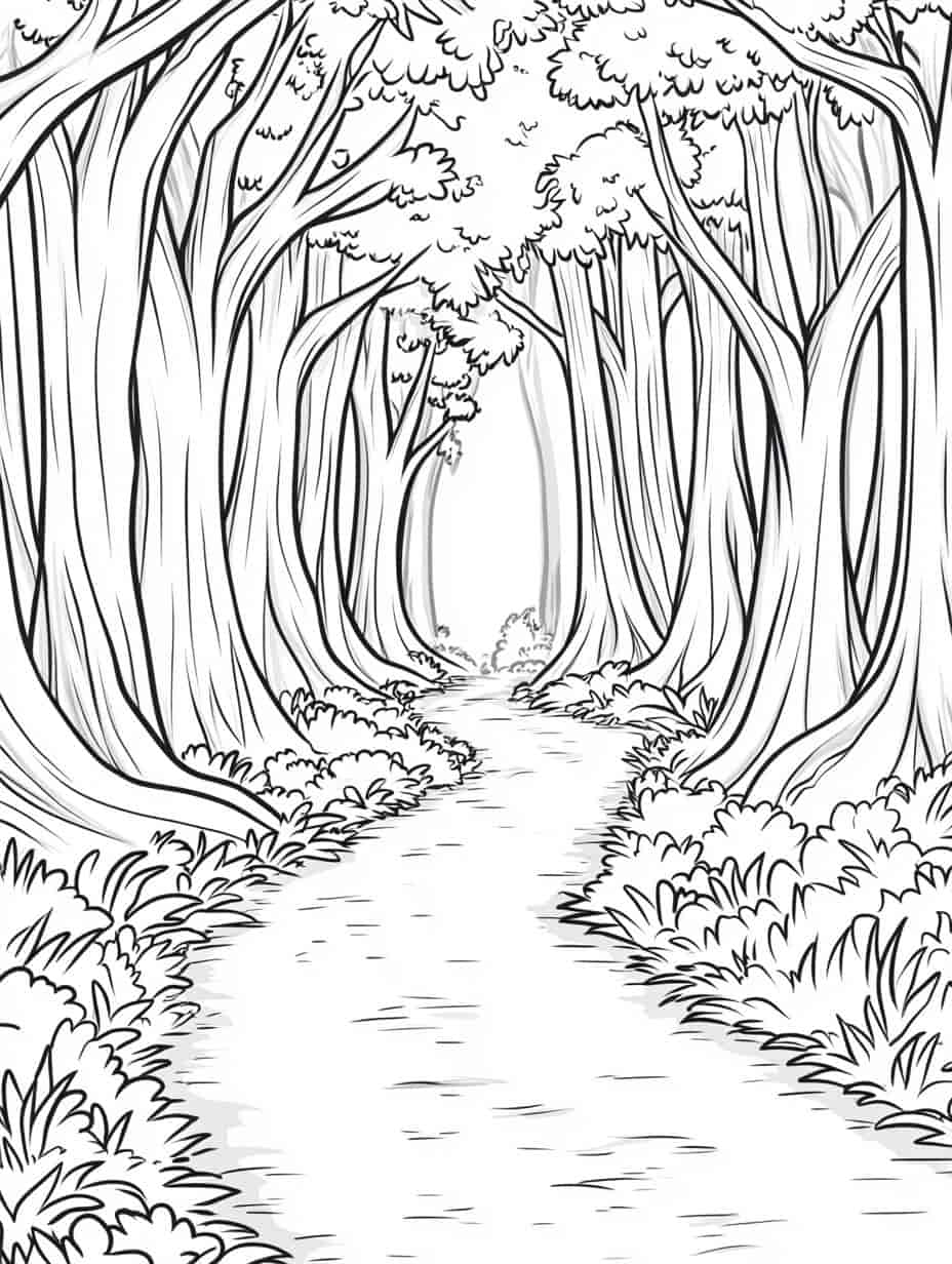 A Winding Path Leading Deep Into The Forest Coloring Pages