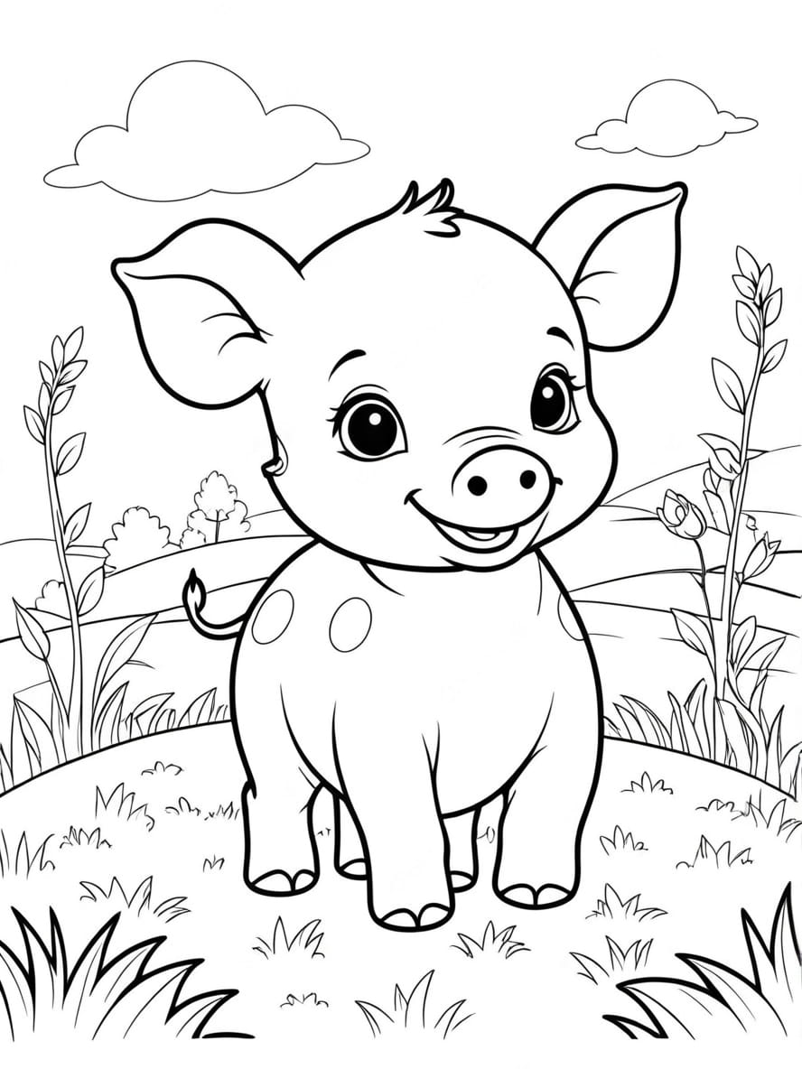 Adorable Baby Spotted Piglet In A Field Coloring Page For Kids