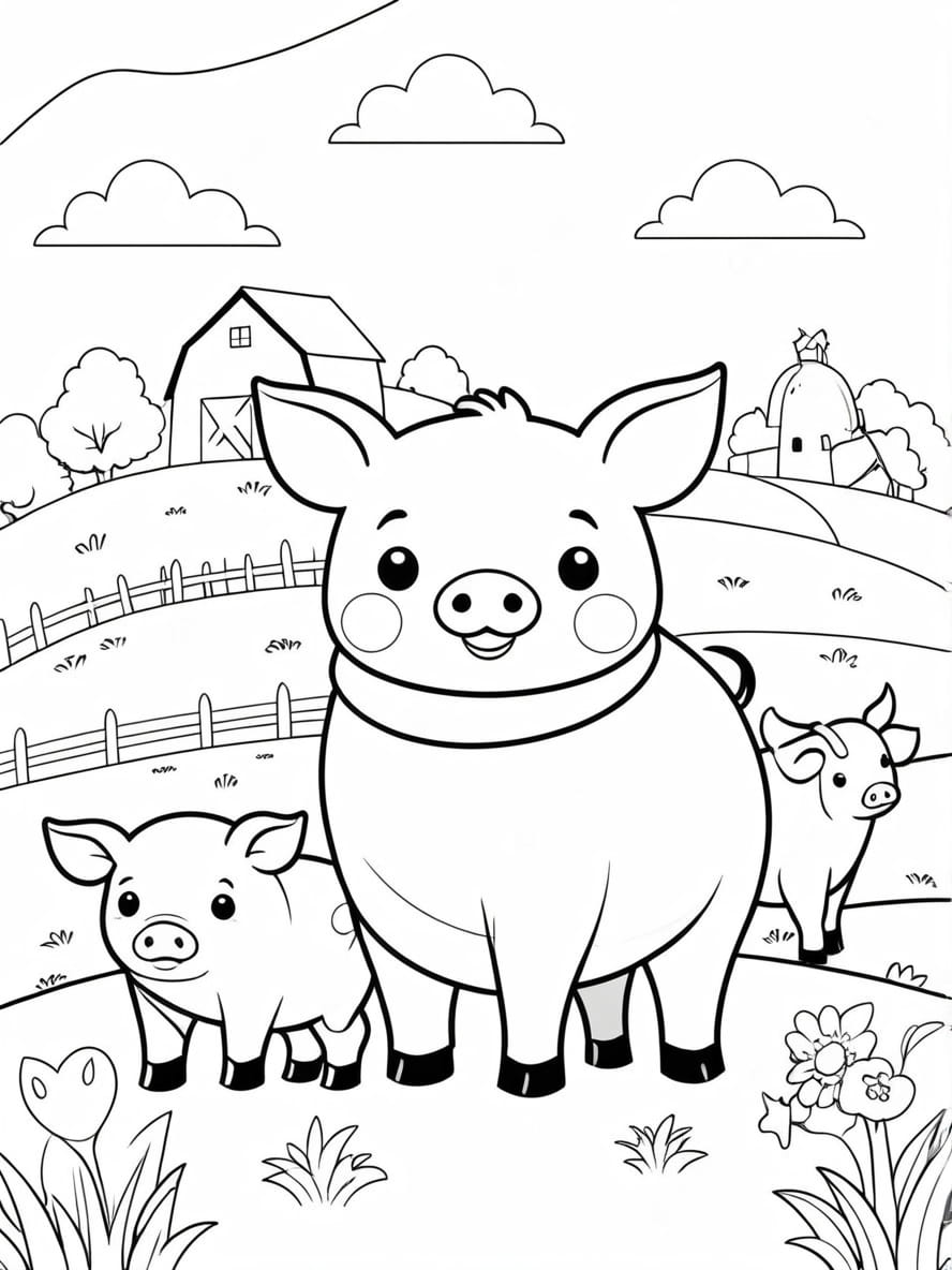 Adorable Kawaii Big With Cows On A Farm Coloring Page