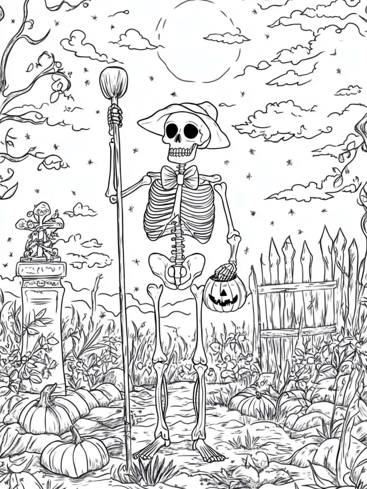 Adorable Skeleton With A Bowtie Holding Pumpkin Standing In Graveyard Coloring Pages