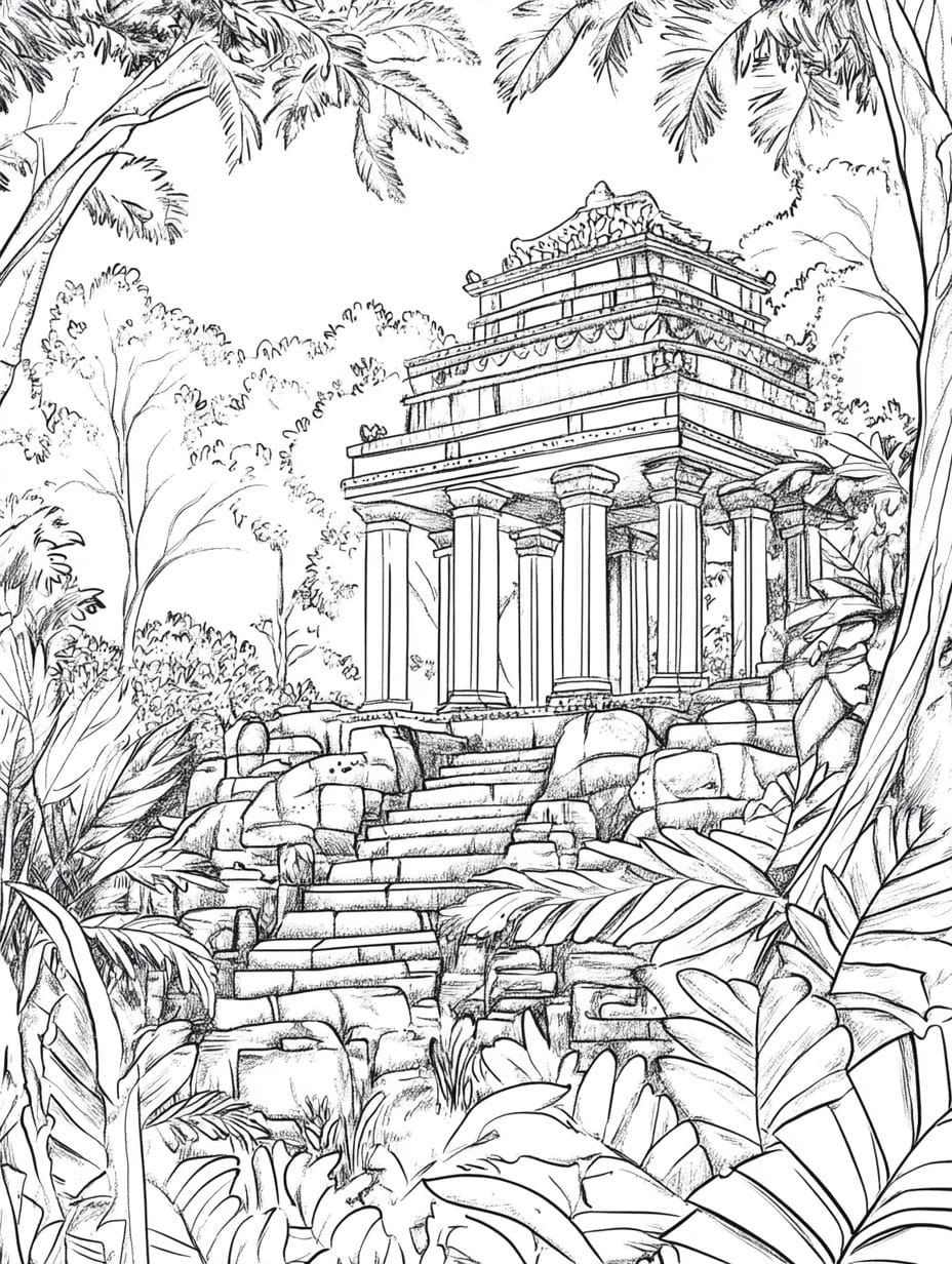 Ancient Temple Covered In Moss Jungle Coloring Pages