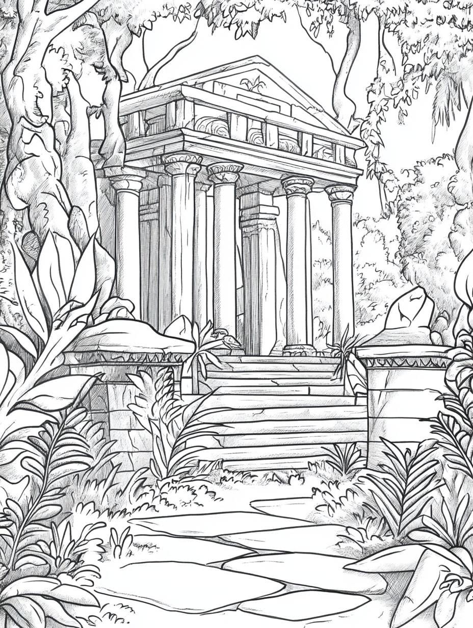 Ancient Temple Faded Jungle Coloring Pages