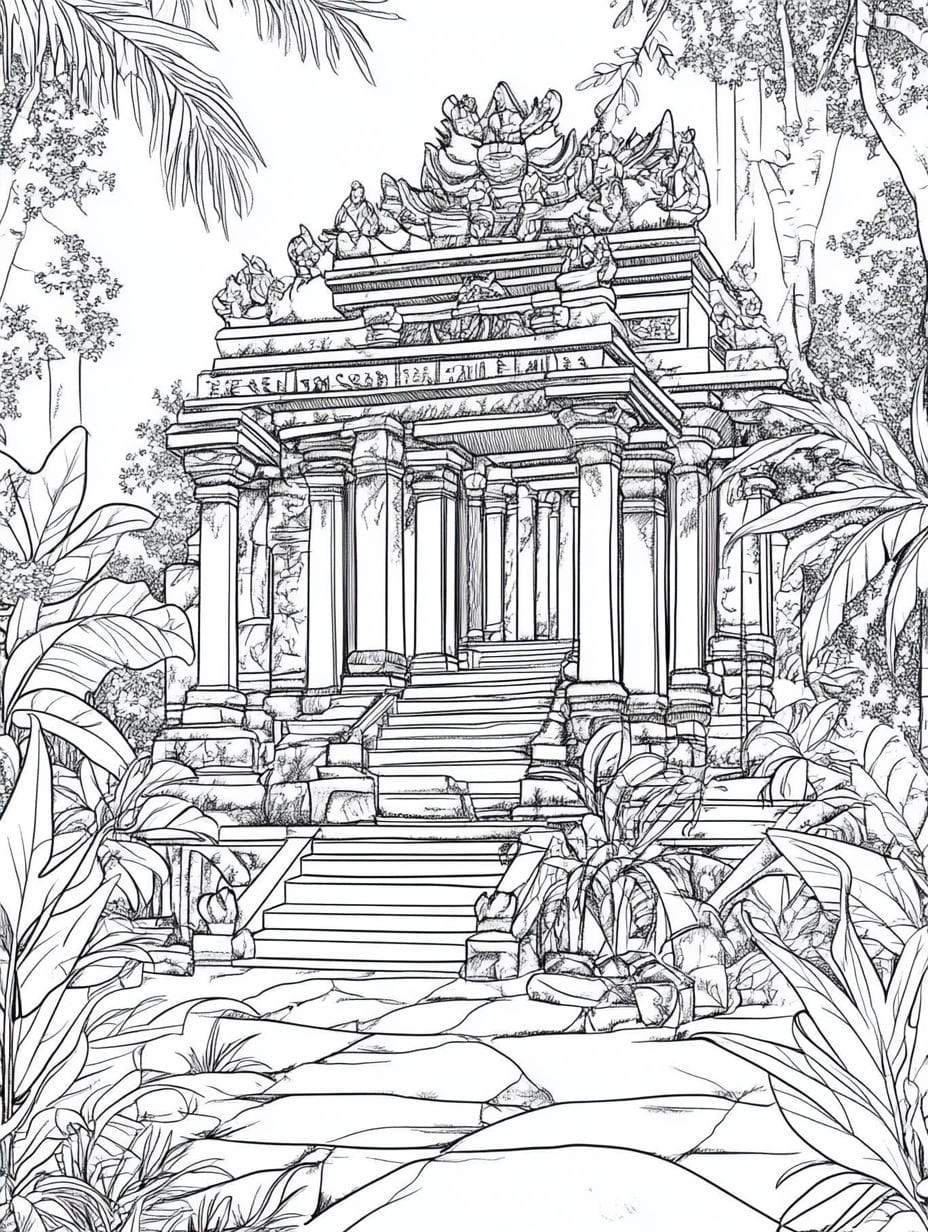 Ancient Temple Hidden In The Forest Jungle Coloring Pages