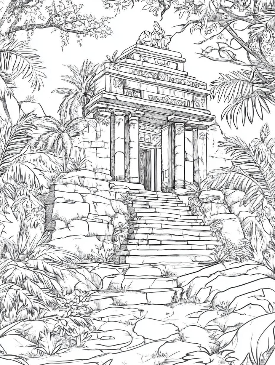 Ancient Temple Mystical Jungle Coloring Pages