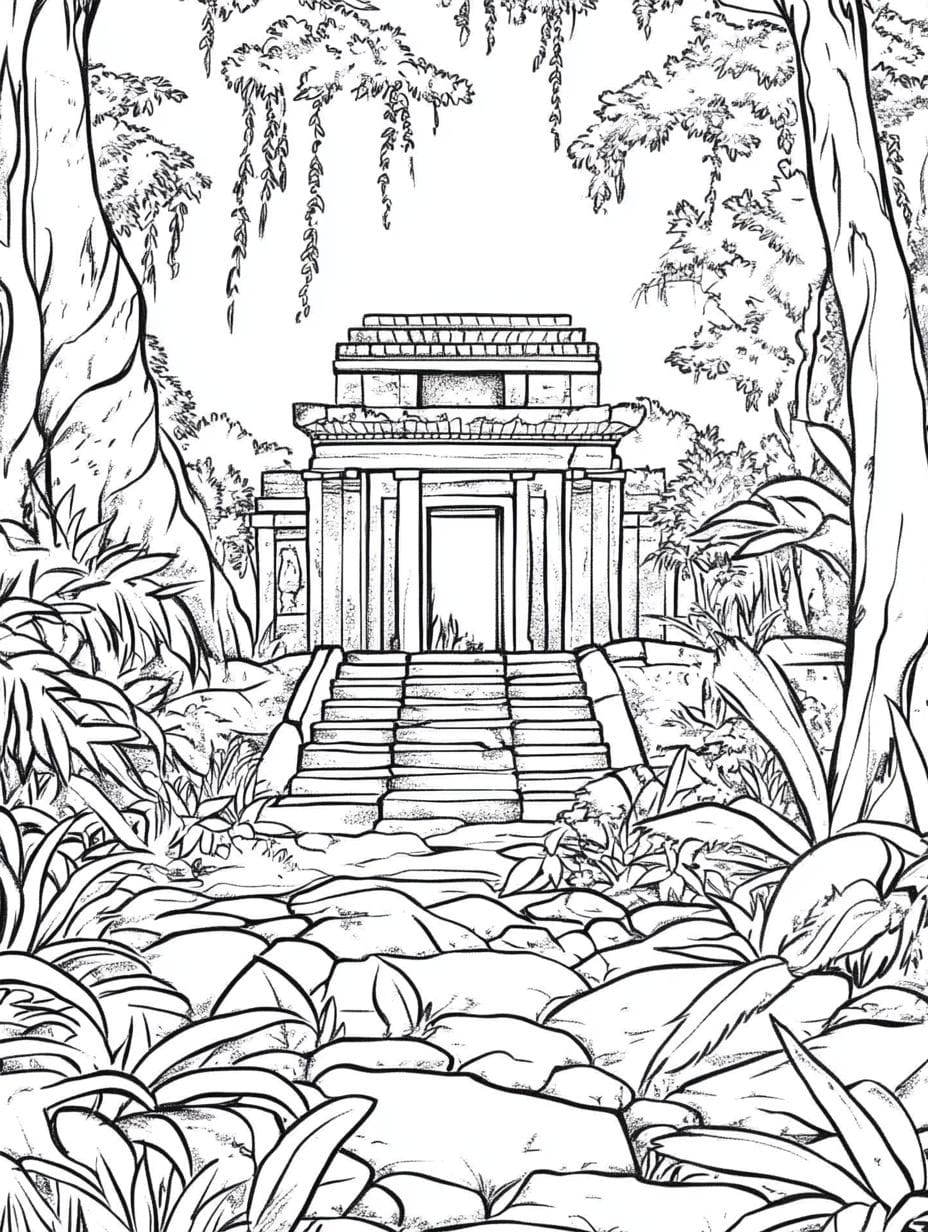 Ancient Temple Secluded With High Walls Jungle Coloring Pages