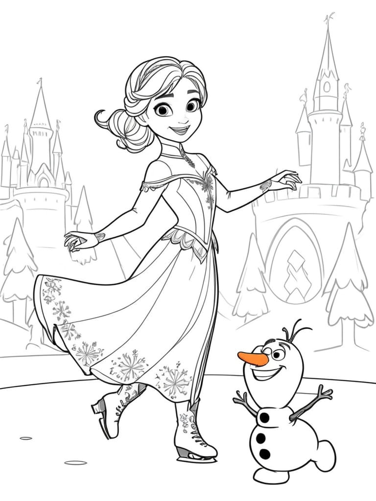 Anna Ice Skating With Olaf In Arendelle Coloring Pages