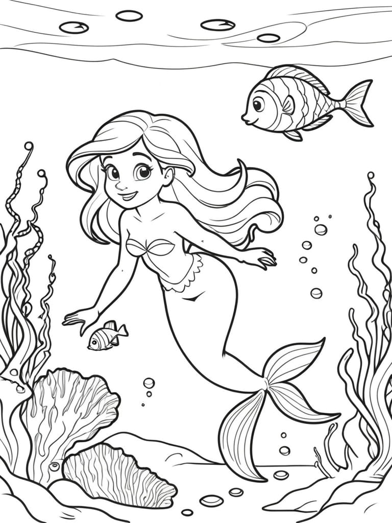 Ariel Swimming Under The Sea Coloring Pages