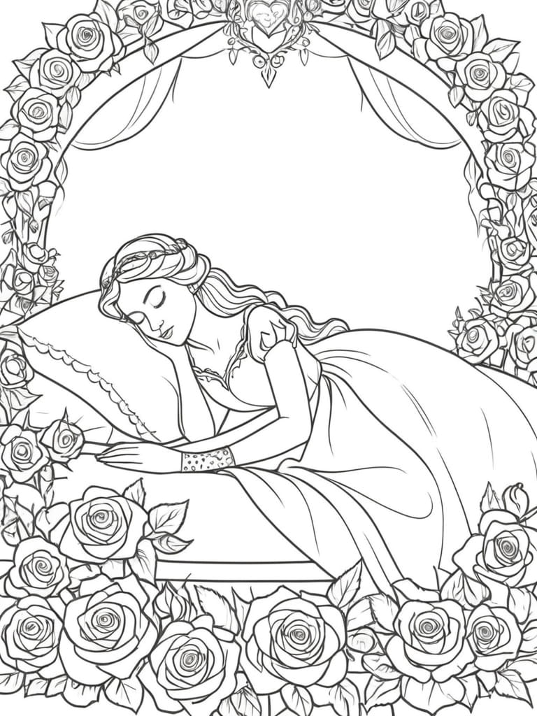 Aurora Sleeping Beauty Asleep In Her Bed Of Rose Coloring Pages