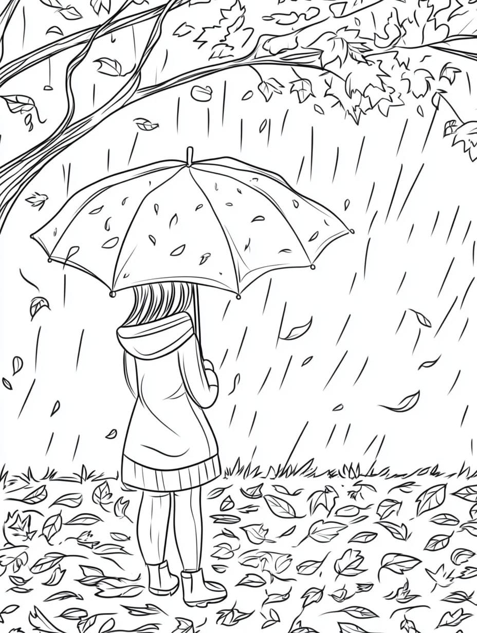 Autumn Rain Girl Coloring Pages