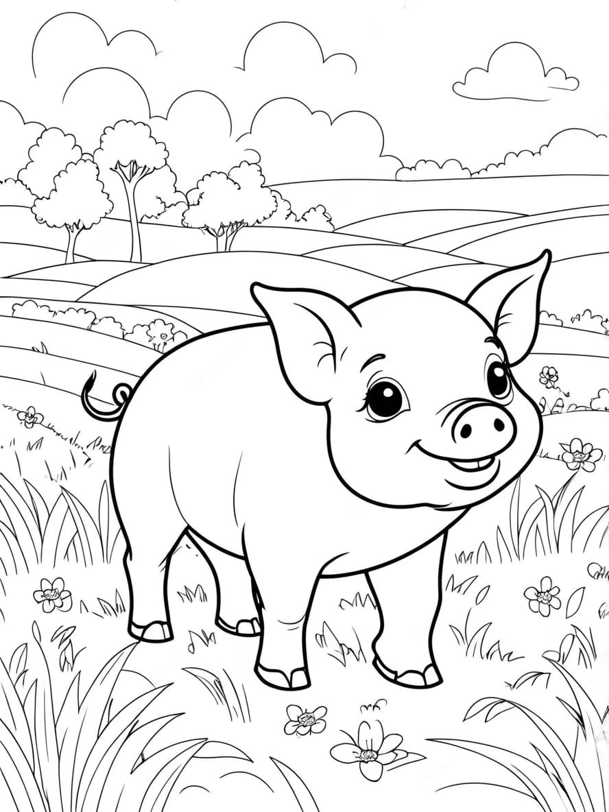 Babe The Pig Walking In Field Coloring Pages For Kids