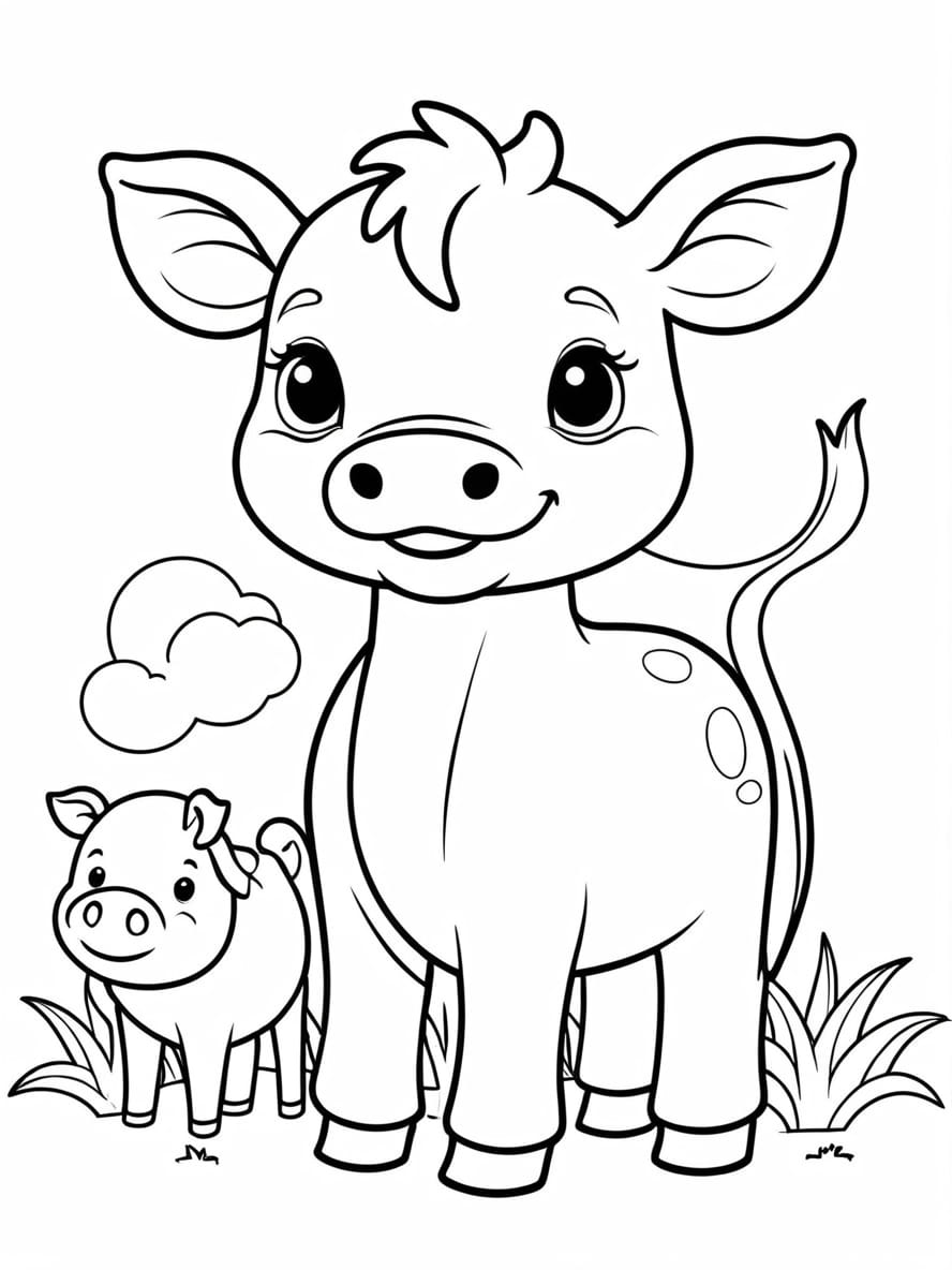 Baby Cow Bith Pig Chicken And Pig Coloring Page