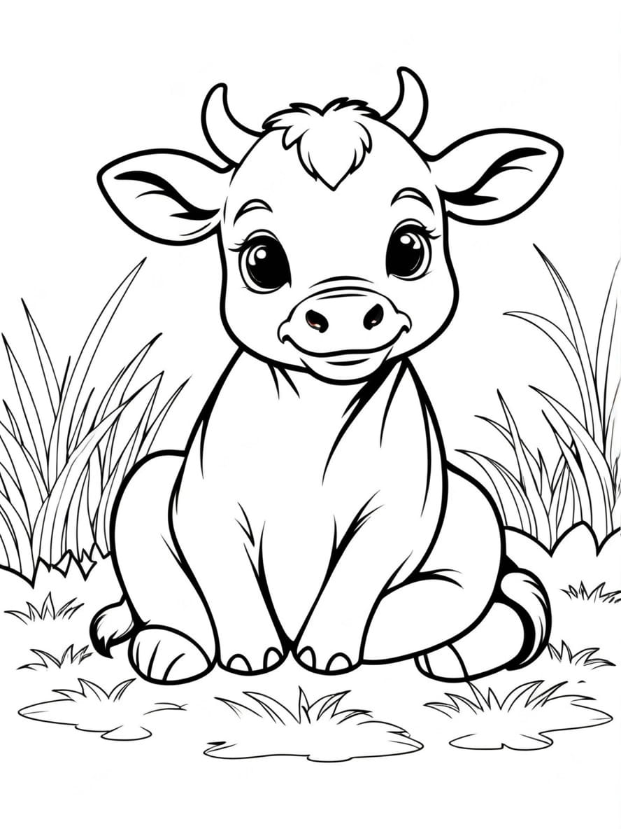 Baby Cow Sit On The Grass Coloring Pages