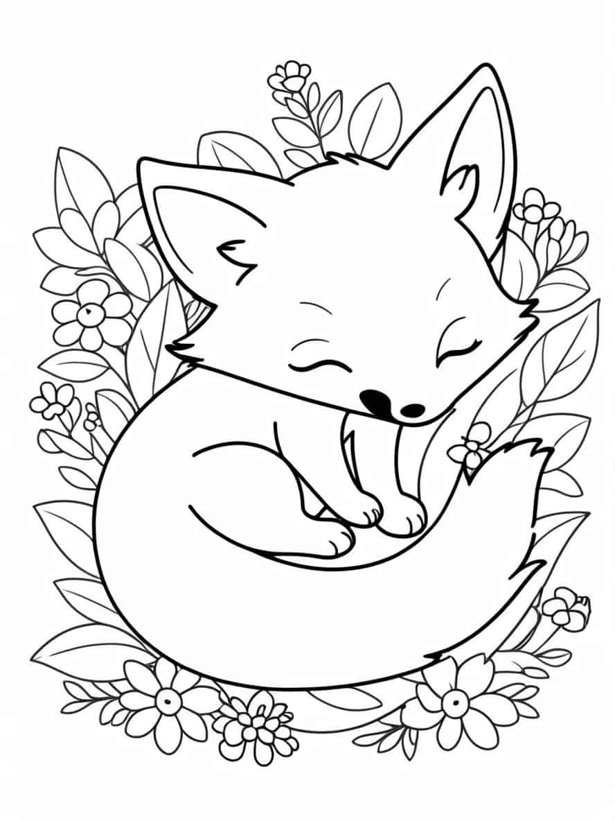 Baby Fox Sleeping On Flowers Coloring Pages