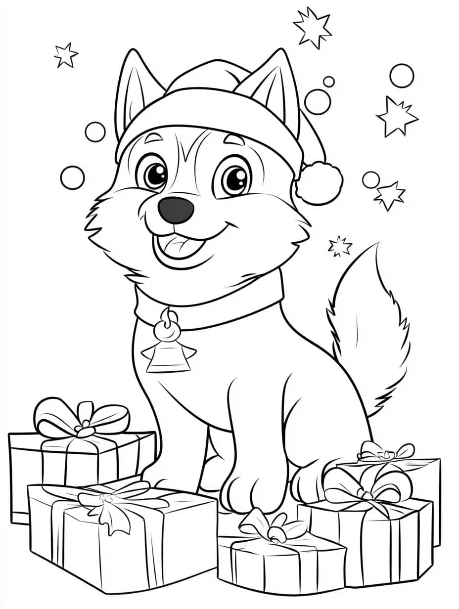 Baby Husky And Christmas Gifts Coloring Pages